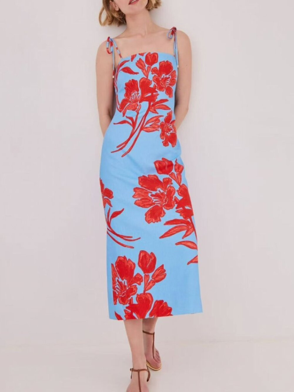 Cara Cara Sky Blue Midi Dress with Bold Red Floral Print - Picture 2 of 12